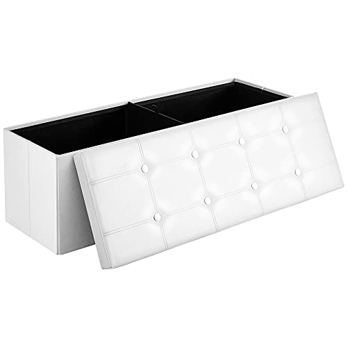 Songmics Baúl Puff - Taburete para almacenaje, Plegable Carga máxima de 300 kg, Blanco, 110 x 38 x 38