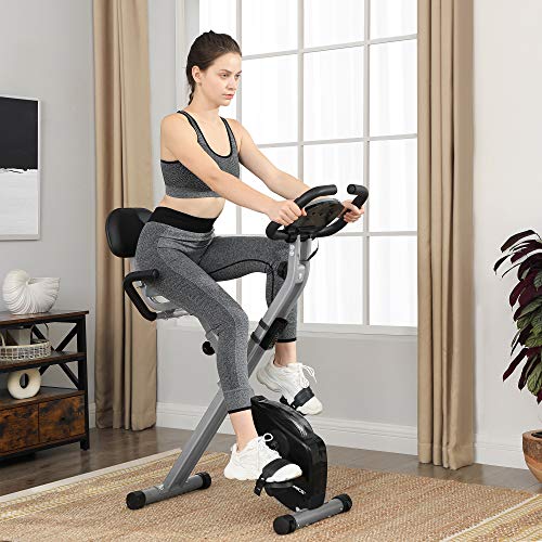 SONGMICS Bicicleta de Ejercicio, Bicicleta Estática, Bicicleta Fitness en Casa, Plegable con Respaldo, Sensor de Pulso, 8 Niveles de Resistencia Magnética, Peso Máx. 100 kg, Negro y Gris SEB012B01