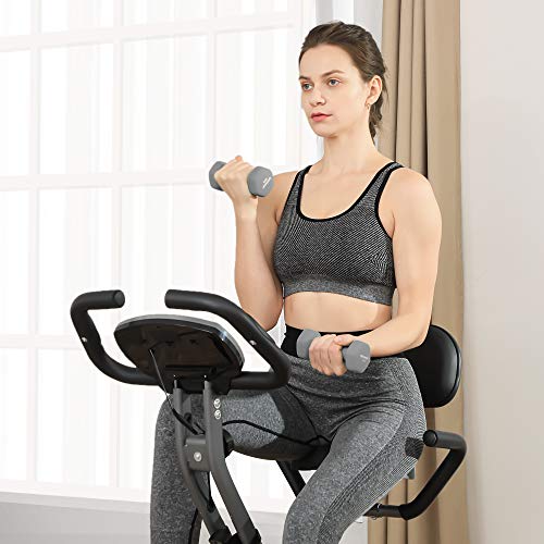 SONGMICS Bicicleta de Ejercicio, Bicicleta Estática, Bicicleta Fitness en Casa, Plegable con Respaldo, Sensor de Pulso, 8 Niveles de Resistencia Magnética, Peso Máx. 100 kg, Negro y Gris SEB012B01