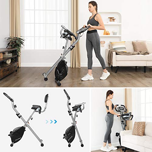 SONGMICS Bicicleta de Ejercicio, Bicicleta Estática, Bicicleta Fitness en Casa, Plegable con Respaldo, Sensor de Pulso, 8 Niveles de Resistencia Magnética, Peso Máx. 100 kg, Negro y Gris SEB012B01