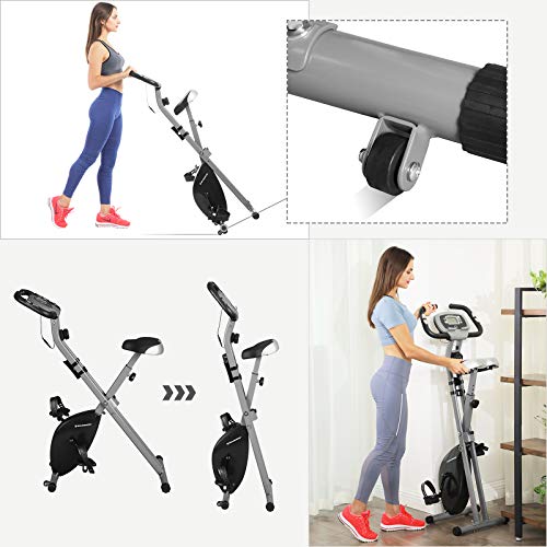 SONGMICS Bicicleta Estática, Bicicleta Fitness, Entrenador Plegable Indoor, 8 Niveles de Resistencia Magnética, con Alfombrilla, Sensor de Pulso, Soporte Telefónico, 100 kg Máx. Negro SXB11BK