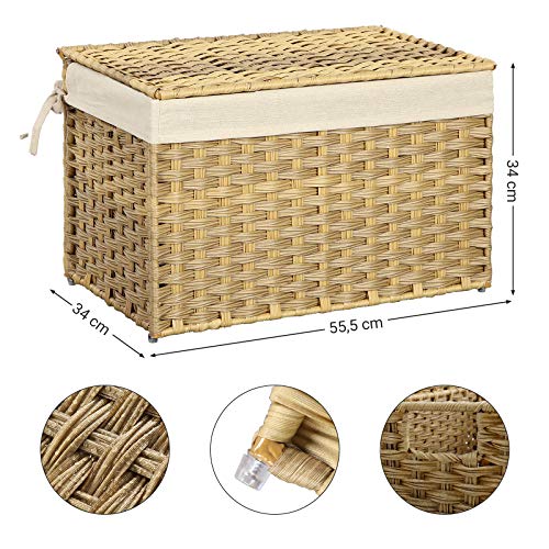 SONGMICS Caja de Almacenamiento de Estilo Ratán, Cesta de Almacenamiento de 65L, con Asas de Revestimiento de Tapa, Baúl de Almacenamiento, Rectangular, Natural RST56NL