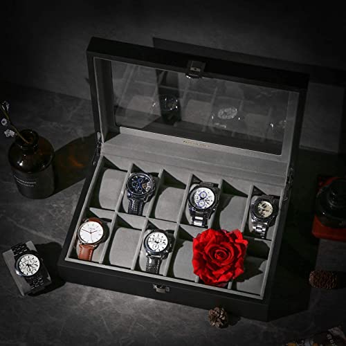 SONGMICS Caja de Relojes con 12 Compartimentos, Estuche para Relojes con Tapa de Cristal, Almohada extraíble, Forro de Terciopelo, Cierre de Metal, Cuero Sintético Negro y Forro Gris, Navidad, JWB12BK