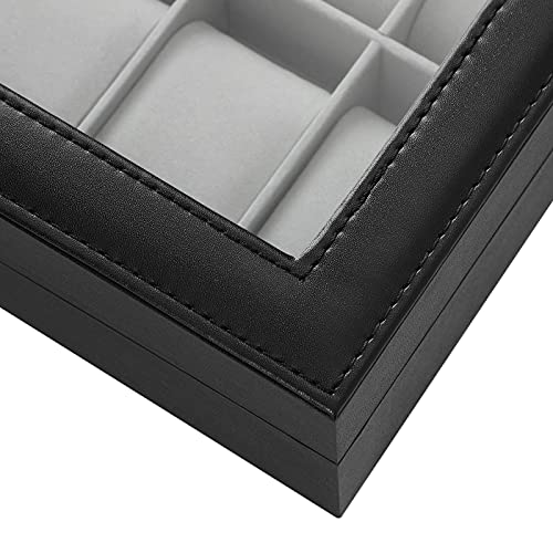 SONGMICS Caja de Relojes con 12 Compartimentos, Estuche para Relojes con Tapa de Cristal, Almohada extraíble, Forro de Terciopelo, Cierre de Metal, Cuero Sintético Negro y Forro Gris, Navidad, JWB12BK