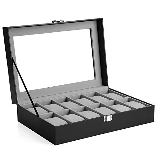 SONGMICS Caja de Relojes con 12 Compartimentos, Estuche para Relojes con Tapa de Cristal, Almohada extraíble, Forro de Terciopelo, Cierre de Metal, Cuero Sintético Negro y Forro Gris, Navidad, JWB12BK