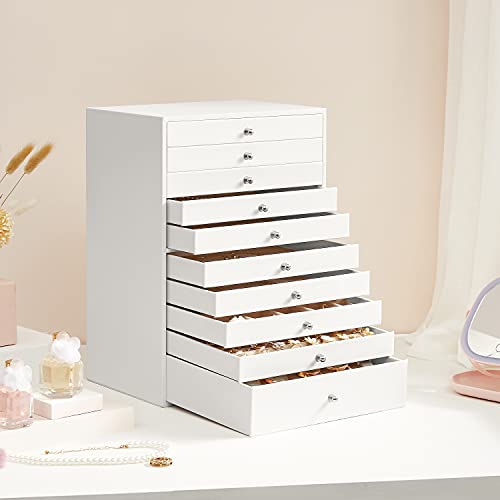 SONGMICS Caja joyero, Caja para joyas XXL, Almacenamiento de belleza 10 cajones, Organizador con bandejas, forro de terciopelo, estilo nórdico escandinavo, Blanco JBC10W