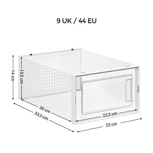 SONGMICS Cajas de Zapatos, Paquete de 18 Organizadores de Almacenamiento, Plegables y Apilables para Zapatillas hasta Talla 44, Transparente y Blanco LSP18SWT