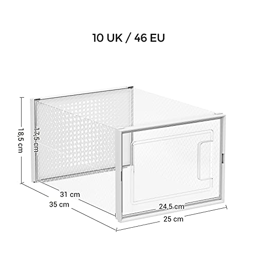 SONGMICS Cajas de Zapatos, Paquete de 18 Organizadores de Almacenamiento, Plegables y Apilables para Zapatillas hasta talla 46, Transparente y Blanco LSP18MWT