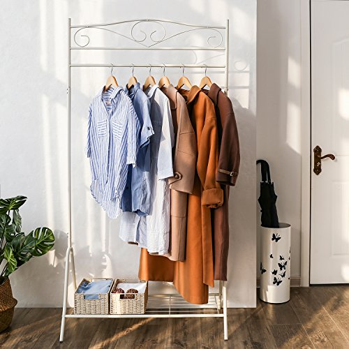 SONGMICS Perchero Burro, Colgador Metálico para ropa, Estante para zapatos, 90 x 44,5 x 173 cm, Blanco Crema HSR01W