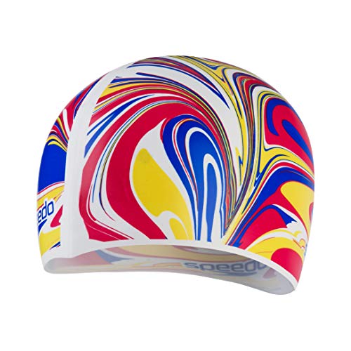 Speedo Junior Slogan Gorro de natación, Unisex-Youth, Blanco/Blue Flame/Lava Red/Surge Yellow, Einheitsgröße