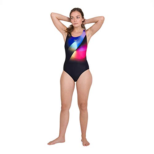 Speedo Placement Digital Powerback Swimsuit, Mujer, Black/Violet/Diva/Pool/Mango, 34 (UK 12)