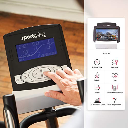 SportPlus bicicleta elíptica con aplicación para smartphone: KinoMap, 24 niveles de resistencia, sensores de pulso manual, masa de volante de 12 kg, homologado, peso del usuario 150 kg, SP-ET-9600-iE