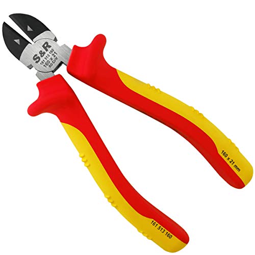 S&R Alicate corte lateral electricista 160mm VDE-series 1000 V, acero de cromo-vanadio fosfatado, punta redondeada