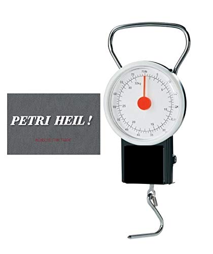 STMK Báscula con cinta métrica, báscula de pescado y equipaje hasta 32 kg, incluye pegatina Petri Heil!