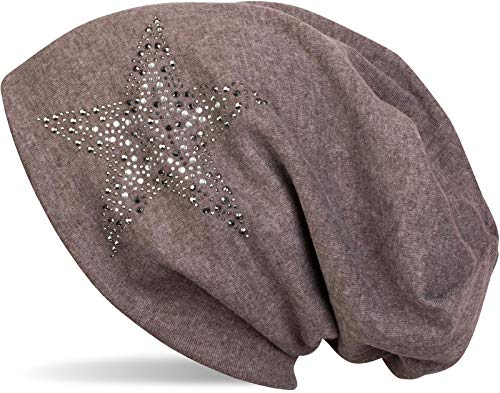 styleBREAKER Gorro Beanie con Estrellas Strass y Piedras Preciosas en Tonos Plata-Antracita, Gorro Slouch Beanie Largo, Unisex 04024087, Color:Marrón Jaspeado