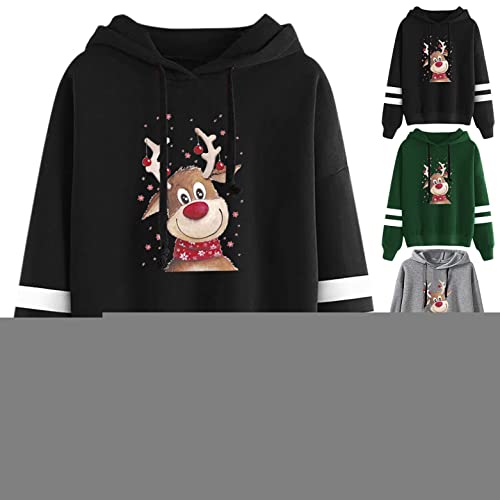 Sudadera con Capucha para Mujers Sueter Navideños Impresa Reno Manga Larga Pull-Over Lindo Hooded con Ajustable Cordón Dama Chica Señora Feliz Navidad Invierno Otoño S/M/L/XL/XXL