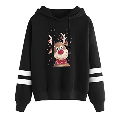 Sudadera con Capucha para Mujers Sueter Navideños Impresa Reno Manga Larga Pull-Over Lindo Hooded con Ajustable Cordón Dama Chica Señora Feliz Navidad Invierno Otoño S/M/L/XL/XXL