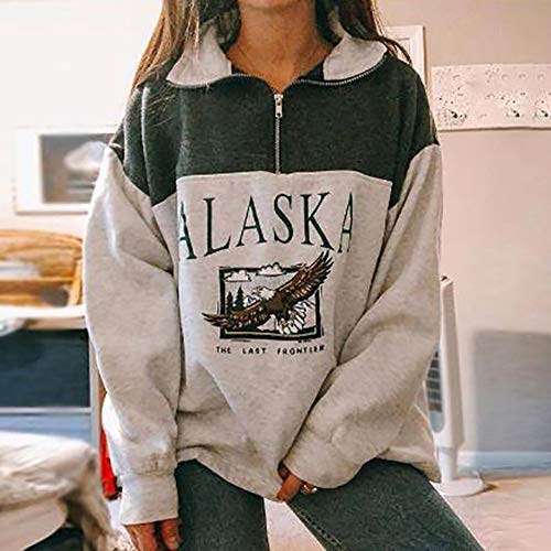 Sudadera de manga larga Alaska para mujer con estampado de letras y animales, de estilo rapero, con cremallera alta, para otoño e invierno Verde Animal Print M