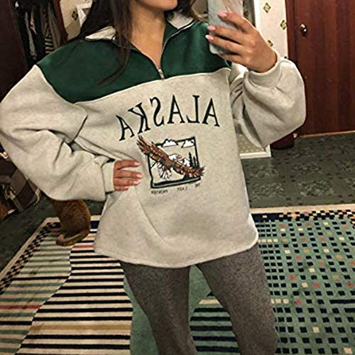 Sudadera de manga larga Alaska para mujer con estampado de letras y animales, de estilo rapero, con cremallera alta, para otoño e invierno Verde Animal Print M