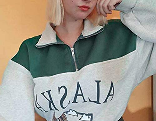 Sudadera de manga larga Alaska para mujer con estampado de letras y animales, de estilo rapero, con cremallera alta, para otoño e invierno Verde Animal Print M