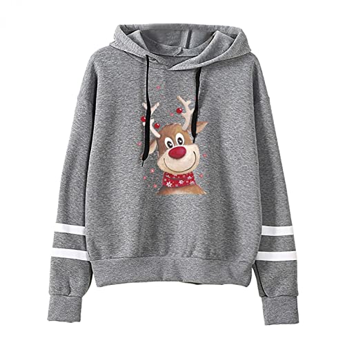 Sudadera para Niñas Chicas Mujers Suéter Navideños Impreso Reno Manga Larga Pull-Over Delgados Hoodies con Ajustable Cordón Dama Señora Feliz Navidad Invierno Otoño S/M/L/XL/XXL