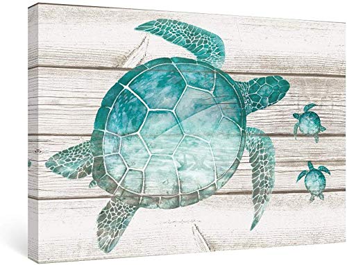 SUMGAR Cuadro de Pared Turquesa Tortuga Marina Azul Verde sobre Lienzo Color Madera Animales decoración de Pared Moderna para casa Sala de Estar 40x60cm