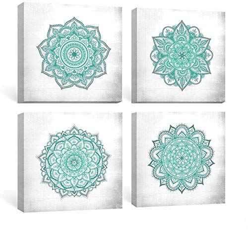 SUMGAR Cuadros en Lienzo Mandalas Decoración Salón Dormitorios Baño con Mural Modernos Boho Ilustraciones Turquesa Flores Impresiones Cuadros Verde Azulado Florales Indios de 30x30cmx4 Piezas