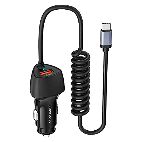 SUNDAREE Cargador Coche Tipo C Cable,38W 12V~24V PD&QC 3.0 Quick Charge Carga Rapida USB C Cable Mechero Adaptador for Xiaomi redmi 9 Note 10/Poco X3/Samsung A21 A51/iphone 11/OnePlus/Huawei/Tabletas