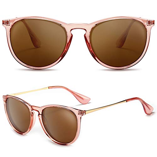 SUNGAIT Gafas de Sol Polarizadas Mujer Hombre Retro Redondas Unisex UV400 Proteccion(Lentes Polarizadas Marrón / Marco Rosa Marrón)