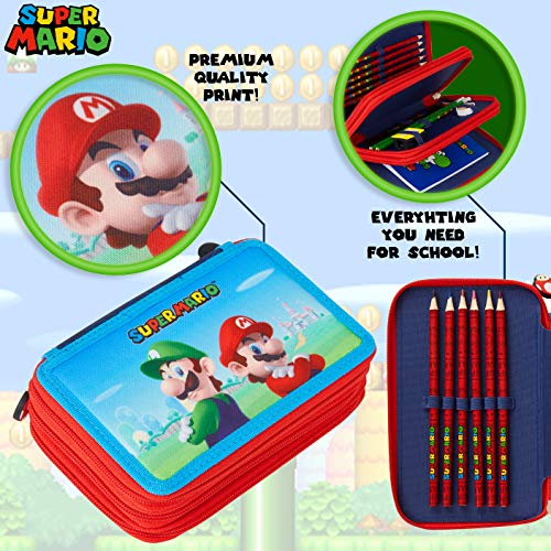 Super Mario Estuche Escolar, Incluye Material Escolar, Estuche Escolar 3 Compartimentos con Lapices de Colores Cuaderno Goma de Borrar, Regalos Para Niños