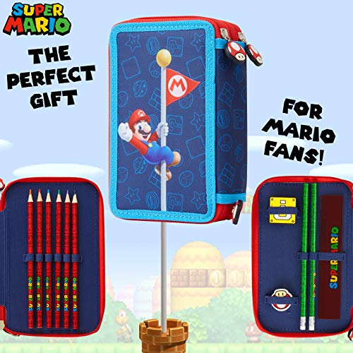 Super Mario Estuche Escolar, Incluye Material Escolar, Estuche Escolar 3 Compartimentos con Lapices de Colores Cuaderno Goma de Borrar, Regalos Para Niños