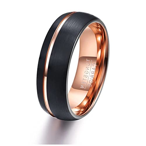 SYF@QYY Anillo de Boda de carburo de tungsteno Negro para Hombre, línea de Oro Rosa, Plano, Cepillado, Pulido, Ajuste cómodo, tamaño 5-14,10.5