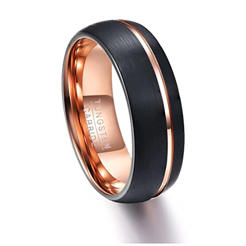 SYF@QYY Anillo de Boda de carburo de tungsteno Negro para Hombre, línea de Oro Rosa, Plano, Cepillado, Pulido, Ajuste cómodo, tamaño 5-14,10.5