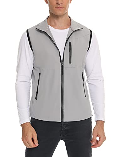 Sykooria Chaleco Impermeable Hombre Chaqueta sin Mangas Hombre Cortavientos Múltiples Bolsillos Chaleco Deportivo Informal de Secado Rápido para Pesca Senderismo y Viajes Gris L