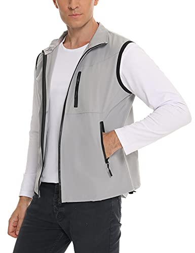 Sykooria Chaleco Impermeable Hombre Chaqueta sin Mangas Hombre Cortavientos Múltiples Bolsillos Chaleco Deportivo Informal de Secado Rápido para Pesca Senderismo y Viajes Gris L