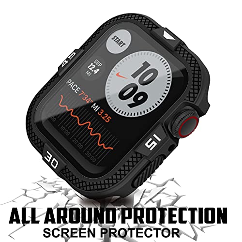 T-ENGINE Funda compatible con Apple Watch 44 mm SE Series 6 5 4, 360 ° protectora completa protector de pantalla vidrio templado resistente ultradelgado para mm, color negro (número blanco)