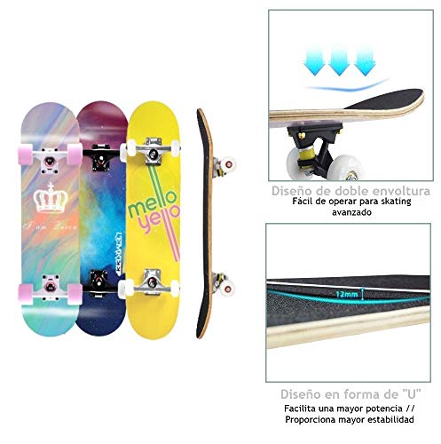 TACKLY Skateboard Adulto Completo 7-9 Capas/Layers – monopatín Skate 31”x8 Madera de Arce para niños y Adultos Unisex – Apto para Todos los Niveles Principiante intermedio avanzado (Cosmos)