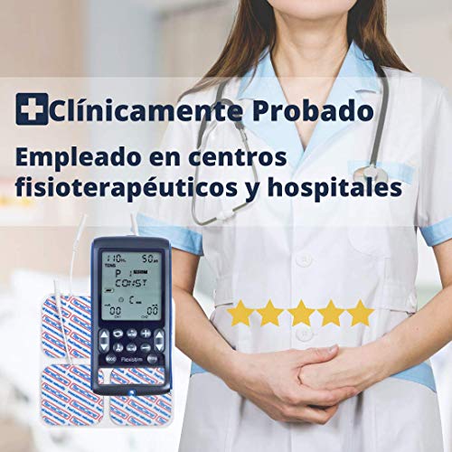 TensCare Flexistim& 12 electrodos - Electroestimulador Completo con 4 terapias: EMS, Tens, Ift y Microcorriente. Dispositivo pequeño Pero potente, con mas de 50 programas