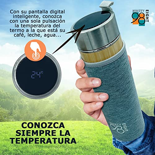 Termo Digital Inteligente de Bambu Natural 500ml para Cafe, Leche, Agua. Botella termica con Funda para liquidos para Llevar …