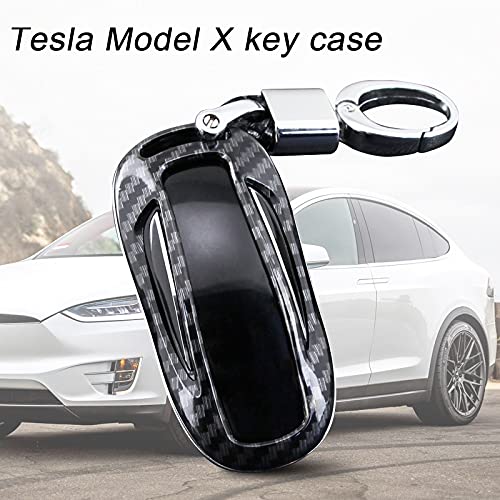 Tesla Model X, Model 3, Model S, Model Y, Funda de fibra de carbono, Smart Romote Key Fob Case Holder Accesorios, con llavero (negro carbón, modelo 3, modelo S, modelo Y)