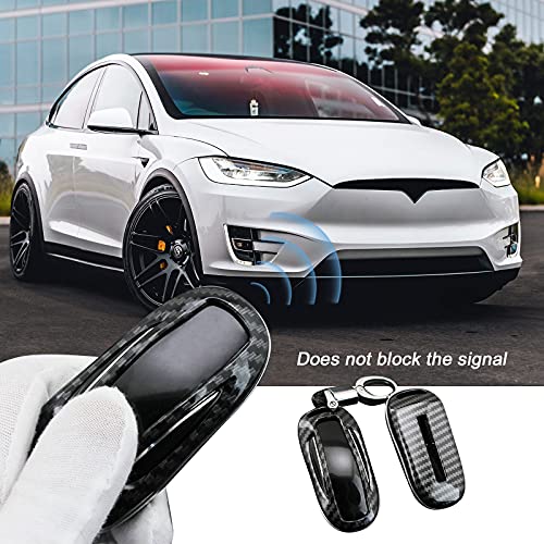 Tesla Model X, Model 3, Model S, Model Y, Funda de fibra de carbono, Smart Romote Key Fob Case Holder Accesorios, con llavero (negro carbón, modelo 3, modelo S, modelo Y)