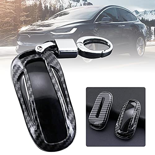 Tesla Model X, Model 3, Model S, Model Y, Funda de fibra de carbono, Smart Romote Key Fob Case Holder Accesorios, con llavero (negro carbón, modelo 3, modelo S, modelo Y)