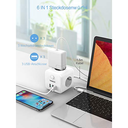 TESSAN Cubo Regleta Enchufes con 3 Puertos USB de 3 Tomas, Alargador Ladron Enchufe Multiple Compatible con Phone Pad, Cubo Regleta USB para Casa, Oficina y los Viajes, 1.5m, Blanco, 2500W, 10A