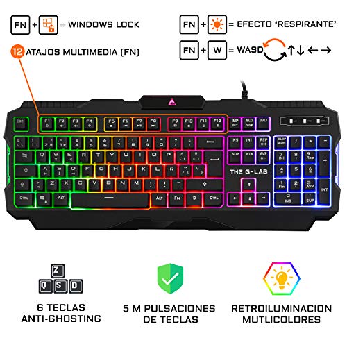 THE G-LAB Combo Argon E - Pack Gaming 4 en 1 - Teclado Gaming QWERTY – Incluye Ñ - Retroiluminado, Ratón Gaming de 3200 dpi, Auriculares Gaming, Alfombrilla de Ratón Antideslizante – PC PS4 Xbox One