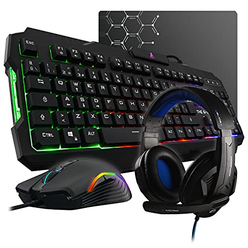 THE G-LAB Combo Argon E - Pack Gaming 4 en 1 - Teclado Gaming QWERTY – Incluye Ñ - Retroiluminado, Ratón Gaming de 3200 dpi, Auriculares Gaming, Alfombrilla de Ratón Antideslizante – PC PS4 Xbox One