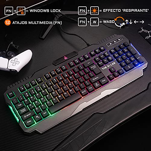 THE G-LAB Combo HELIUM 4 en 1 Gaming Bundle - Teclado Gaming QWERTY – Incluye Ñ - Retroiluminado, Ratón Gaming de 2400 DPI, Auriculares in-ear, Alfombrilla de Ratón Antideslizante – PC PS4 Xbox One