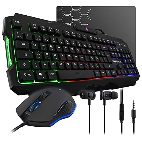 THE G-LAB Combo HELIUM 4 en 1 Gaming Bundle - Teclado Gaming QWERTY – Incluye Ñ - Retroiluminado, Ratón Gaming de 2400 DPI, Auriculares in-ear, Alfombrilla de Ratón Antideslizante – PC PS4 Xbox One