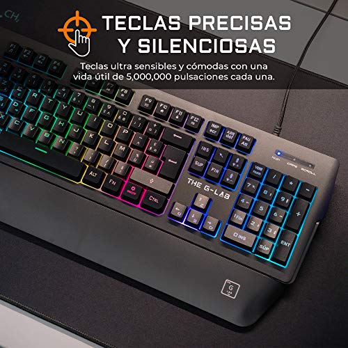 THE G-LAB Keyz PALLADIUM Teclado Gaming QWERTY Incluye Ñ - Teclado Gaming con Retroiluminación RGB Multicolor, Reposa Muñecas Magnético, Macros y Anti-Ghosting – PC, PS4,PS5, Xbox One - NUEVO (Negro)