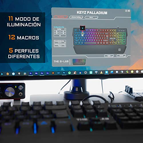 THE G-LAB Keyz PALLADIUM Teclado Gaming QWERTY Incluye Ñ - Teclado Gaming con Retroiluminación RGB Multicolor, Reposa Muñecas Magnético, Macros y Anti-Ghosting – PC, PS4,PS5, Xbox One - NUEVO (Negro)