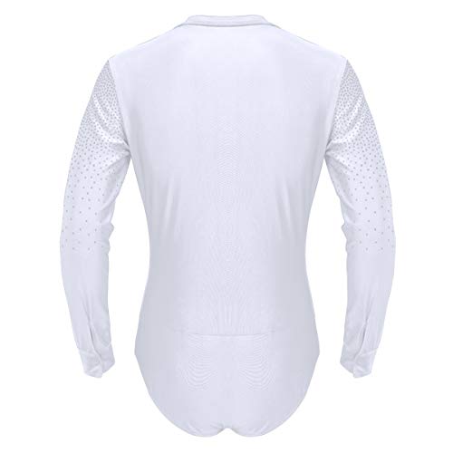 TiaoBug Leotardo de Danza Latina Tango Rumba Patinaje para Hombres Maillot Brillo Manga Larga de Gimnasia Fitness Práctica Bodysuit Monos Cuello en V Blanco XXL